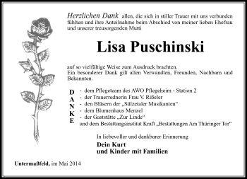 Traueranzeige von Lisa Puschinski von Südthüringer Presse