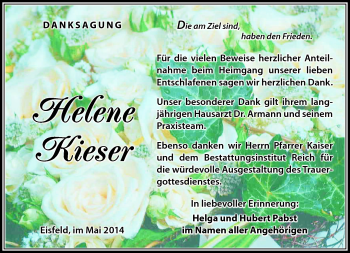 Traueranzeige von Helene Kieser von Südthüringer Presse