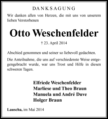 Traueranzeige von Otto Weschenfelder von Südthüringer Presse