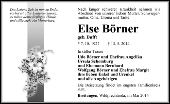 Traueranzeige von Else Börner von Südthüringer Presse