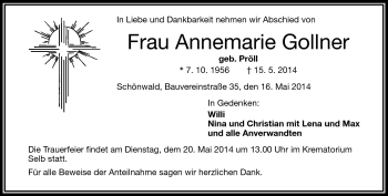 Traueranzeige von Annemarie Gollner von Frankenpost