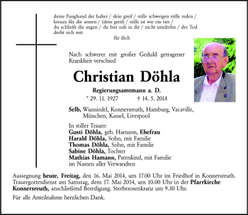 Traueranzeige von Christian Döhla von Frankenpost