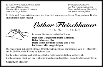 Traueranzeige von Lothar Fleischhauer von Südthüringer Presse