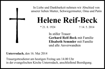 Traueranzeige von Helene Reif-Beck von Neue Presse Coburg