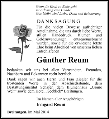 Traueranzeige von Günther Reum von Südthüringer Presse