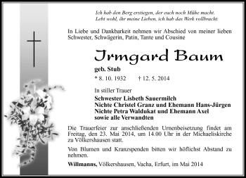 Traueranzeige von Irmgard Baum von Südthüringer Presse