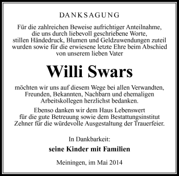 Traueranzeige von Willi Swars von Südthüringer Presse