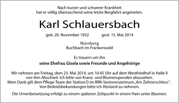 Traueranzeige von Karl Schlauersbach von Neue Presse Coburg
