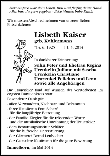 Traueranzeige von Lisbeth Kaiser von Südthüringer Presse