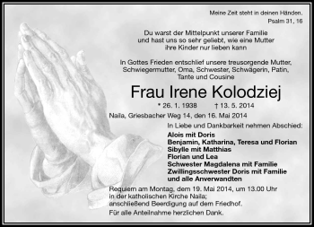 Traueranzeige von Irene Kolodziej von Frankenpost