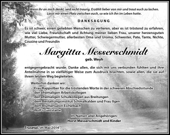 Traueranzeige von Margitta Messerschmidt von Südthüringer Presse