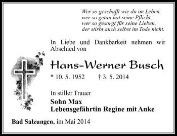 Traueranzeige von Hans-Werner Busch von Südthüringer Presse
