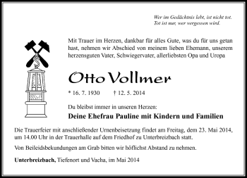 Traueranzeige von Otto Vollmer von Südthüringer Presse