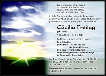 Traueranzeige von Cäcilia Freitag von Südthüringer Presse