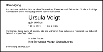 Traueranzeige von Ursula Voigt von Südthüringer Presse