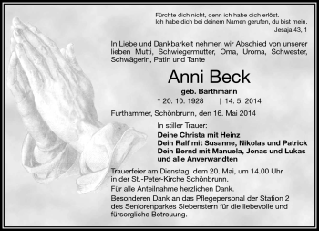Traueranzeige von Anni Beck von Frankenpost