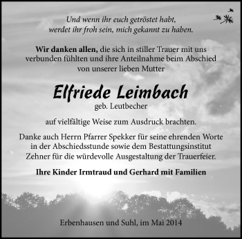 Traueranzeige von Elfriede Leimbach von Südthüringer Presse