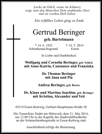 Traueranzeige von Gertrud Beringer von Neue Presse Coburg