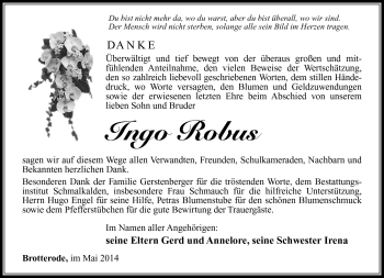 Traueranzeige von Ingo Robus von Südthüringer Presse
