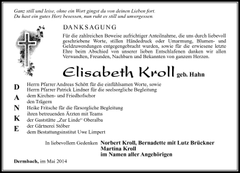 Traueranzeige von Elisabeth Kroll von Südthüringer Presse
