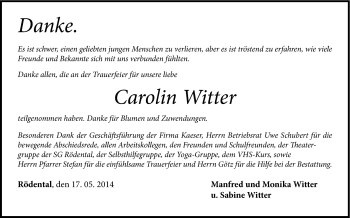 Traueranzeige von Carolin Witter von Neue Presse Coburg