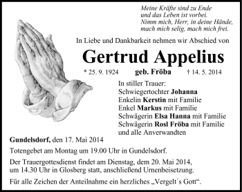 Traueranzeige von Gertrud Appelius von Neue Presse Coburg