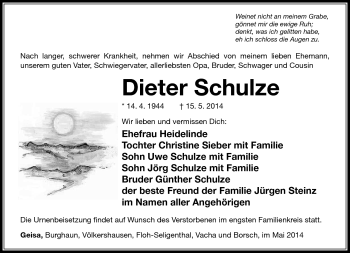 Traueranzeige von Dieter Schulze von Südthüringer Presse