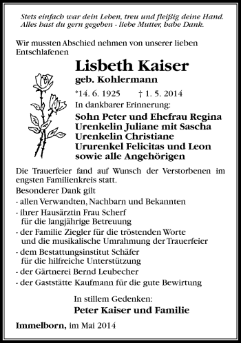 Traueranzeige von Lisbeth Kaiser von Südthüringer Presse