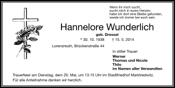 Traueranzeige von Hannelore Wunderlich von Frankenpost