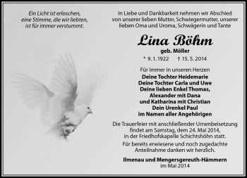 Traueranzeige von Lina Böhm von Südthüringer Presse