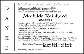 Traueranzeige von Mathilde Reinhard von Südthüringer Presse