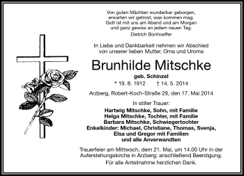 Traueranzeige von Brunhilde Mitschke von Frankenpost