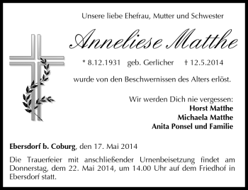Traueranzeige von Anneliese Matthe von Neue Presse Coburg