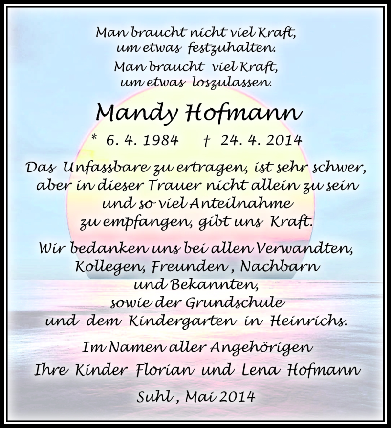  Traueranzeige für Mandy Hofmann vom 17.05.2014 aus Südthüringer Presse