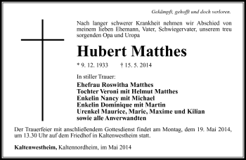 Traueranzeige von Hubert Matthes von Südthüringer Presse
