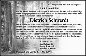 Traueranzeige von Dietrich Schwerdt von Südthüringer Presse