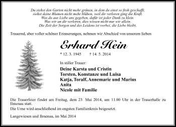 Traueranzeige von Erhard Hein von Südthüringer Presse
