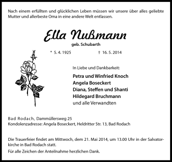 Traueranzeige von Ella Nußmann von Neue Presse Coburg