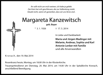 Traueranzeige von Margareta Kanzewitsch von Neue Presse Coburg