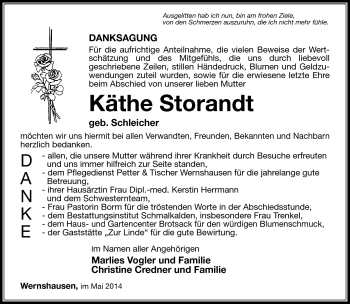 Traueranzeige von Käthe Storandt von Südthüringer Presse