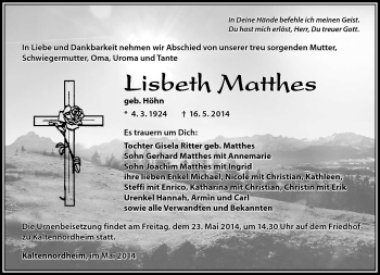 Traueranzeige von Lisbeth Matthes von Südthüringer Presse