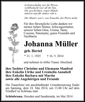 Traueranzeige von Johanna Müller von Südthüringer Presse
