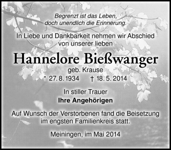 Traueranzeige von Hannelore Bießwanger von Südthüringer Presse