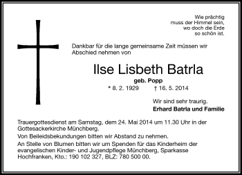 Traueranzeige von Ilse Lisbeth Batrla von Frankenpost