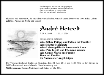 Traueranzeige von André Hetzelt von Südthüringer Presse