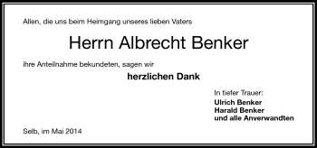 Traueranzeige von Albrecht Benker von Frankenpost