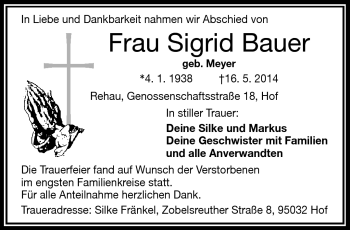 Traueranzeige von Sigrid Bauer von Frankenpost