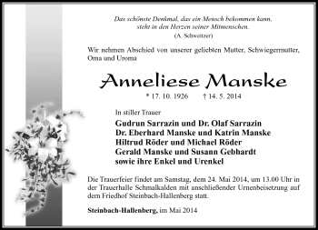 Traueranzeige von Anneliese Manske von Südthüringer Presse