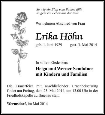 Traueranzeige von Erika Höhn von Südthüringer Presse