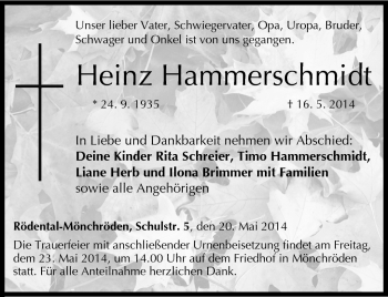 Traueranzeige von Heinz Hammerschmidt von Neue Presse Coburg